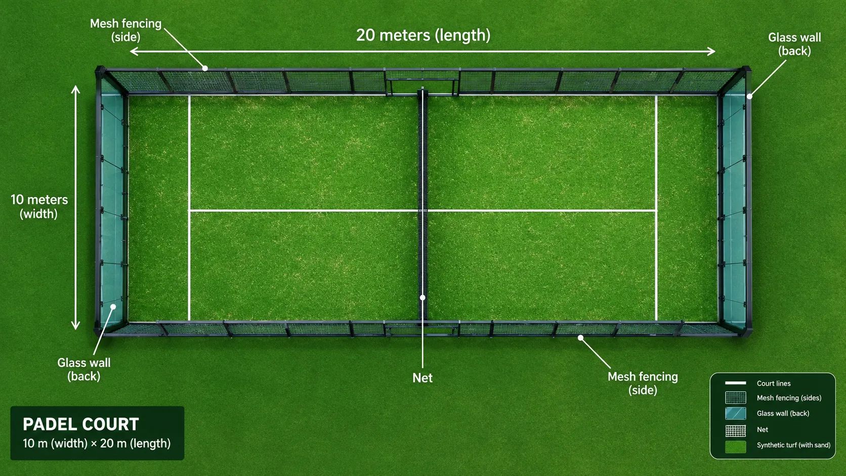 A padel court seen from above, showing the net, service lines, glass walls and mesh fencing.