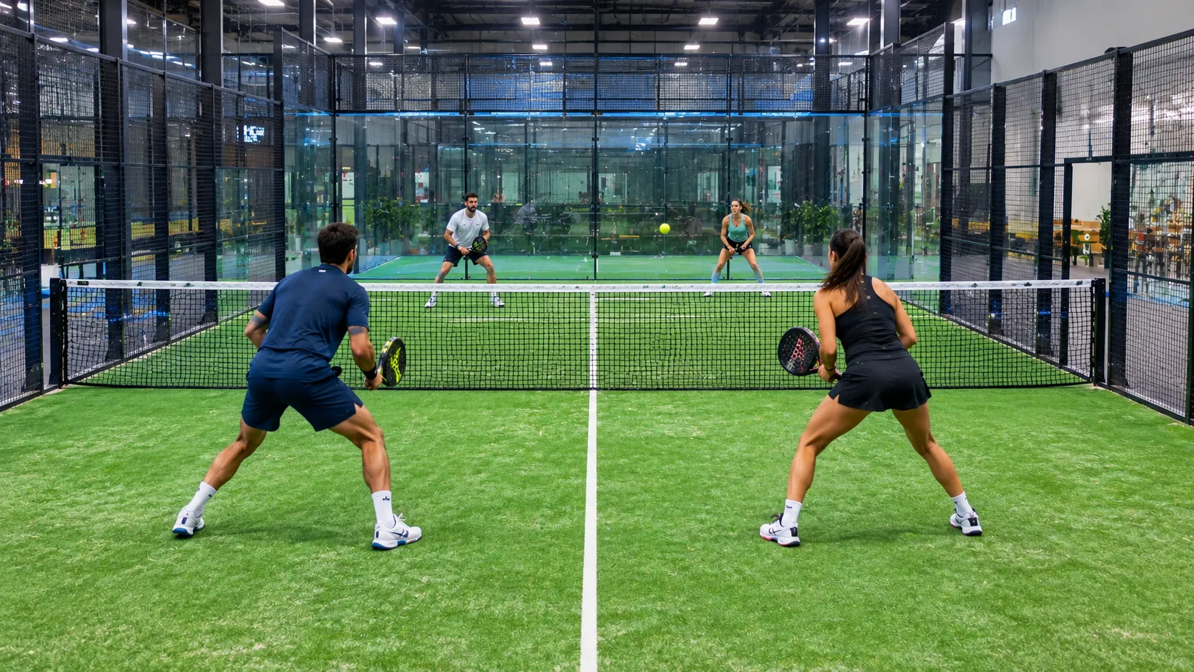 Two padel pairs, one at the net and one at the back, showing the attacking and defending positions.
